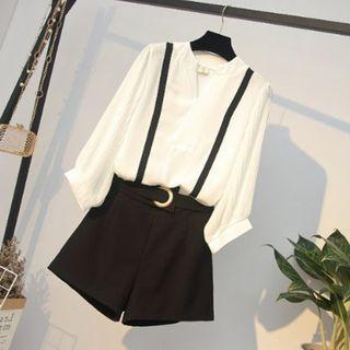 Set: Long-sleeve Chiffon Top + Spaghetti Strap Shorts