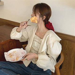 Ruffle Square-neck Long-sleeve Blouse Almond - One Size