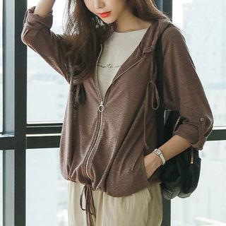 Tab-sleeve Linen Blend Zip-up Hoodie