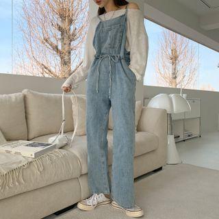 Spaghetti-strap Pocket-front Denim Jumpsuit Blue - One Size