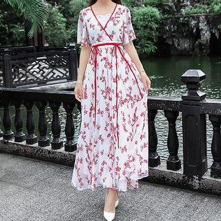 Short-sleeve Floral Tie-waist Maxi A-line Dress