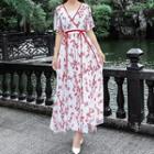 Short-sleeve Floral Tie-waist Maxi A-line Dress