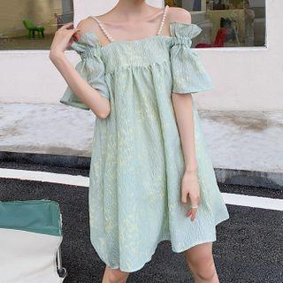 Short-sleeve Cold Shoulder A-line Dress Mint Green - One Size
