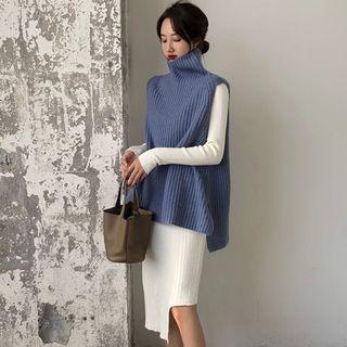 Turtleneck Knit Vest / Long-sleeve Turtleneck Midi Dress
