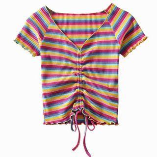 Striped Short-sleeve Drawstring Cropped Knit Top