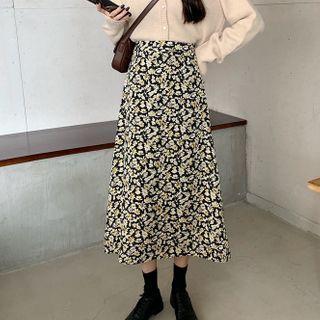 Floral Print Midi A-line Skirt Yellow Floral Print - Black - One Size