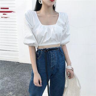 Plain Short-sleeve Blouse / Lettering Short-sleeve T-shirt / Cropped Jeans