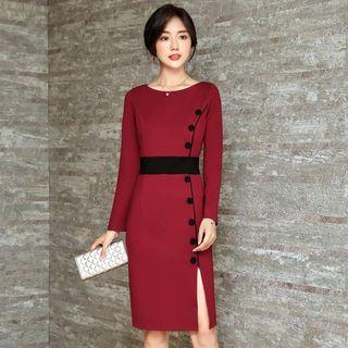 Slit-side Buttoned Sheath Dress