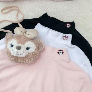Mock Turtleneck Long-sleeve Pig Embroidered Top