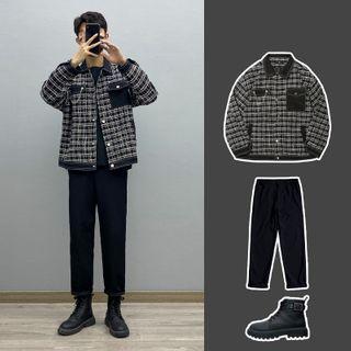 Checked Loose-fit Jacket / Long-sleeve Plain T-shirt / Plain Straight Leg Pants