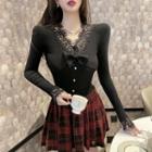 V-neck Lace Trim Bow T-shirt