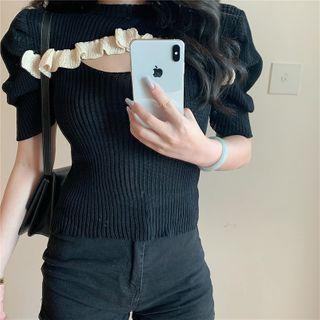 Cut-out Short-sleeve Knit Top Black - One Size