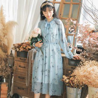 Floral Print Tie-neck Midi A-line Chiffon Dress