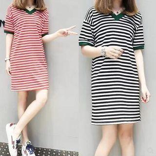 Striped Short-sleeve V-neck Mini T-shirt Dress