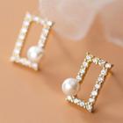 Rectangle Faux Pearl Rhinestone Sterling Silver Earring 1 Pair - S925 Silver - Gold & White - One Size