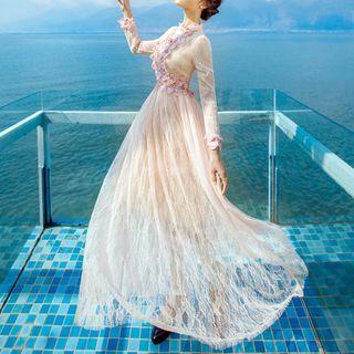 Long-sleeve Lace Chiffon Maxi Dress