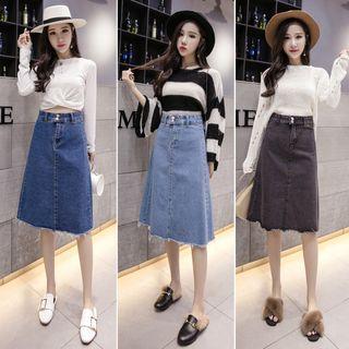 Fray-hem Midi A-line Denim Skirt