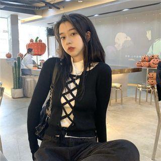 Set : Long-sleeve Plain Tie-strap Cropped Knit Top + Mock-turtleneck Plain Tank Top