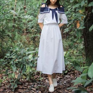 Cutout-shoulder Marine-collar Dress
