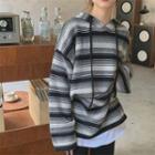 Striped Loose-fit Hooded Knit Top Black - One Size
