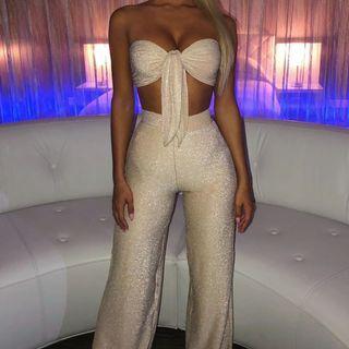 Set: Strapless Crop Top + High-waist Wide-leg Pants