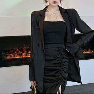 Plain Blazer / Faux Pearl Tube Top / Slit Drawstring Midi Skirt