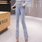 Beaded Bow Cropped Boot-cut Jeans With Belt