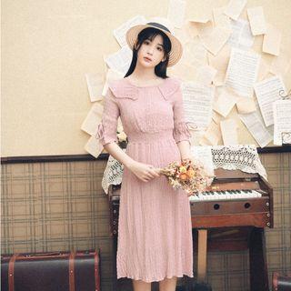 Lace Up Buttoned Elbow-sleeve A-line Dress