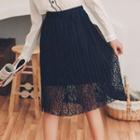 Double-layered Tie-waist Pleated A-line Lace Midi Skirt