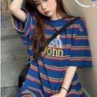 3/4-sleeve Striped Long T-shirt As Shown In Figure - One Size