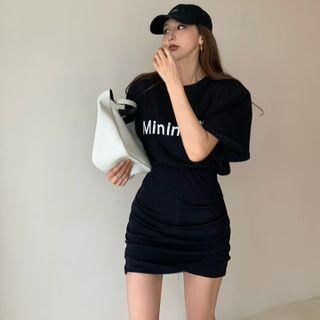 Lettering Loose T-shirt / Ruched Mini Pencil Skirt
