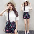 Set: Plain Cutout Short-sleeve Top + Printed Shorts