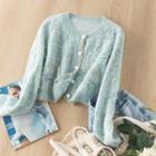 Short-sleeve Round-neck Jacquard Cropped Cardigan Green - One Size