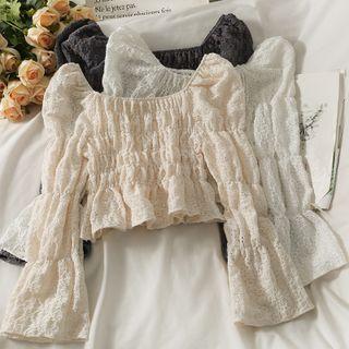 Boatneck Bell-sleeve Ruched Crop Blouse