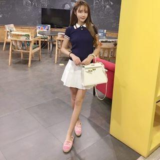 Set: Collared Knit Top + Pleated Skirt