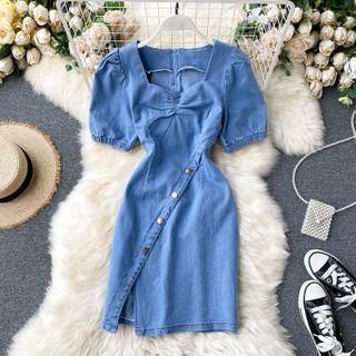Puff-sleeve Split Denim Dress