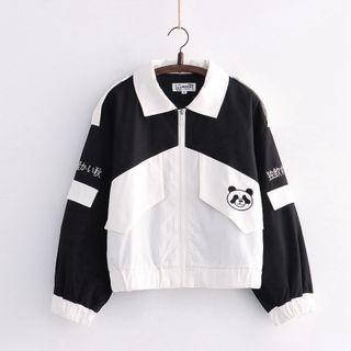 Panda Embroidery Two Tone Zipped Jacket