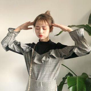 Plaid Frill Trim Mock Two-piece Long-sleeve Blouse