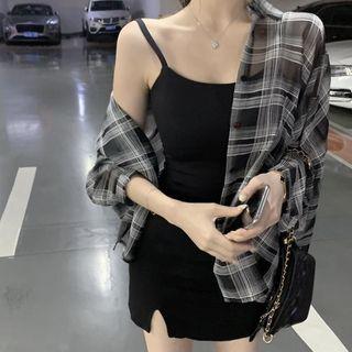 Plaid Shirt / Spaghetti-strap Mini A-line Dress / Set
