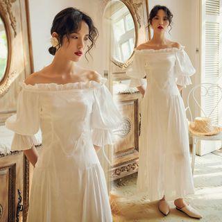 3/4-sleeve Off-shoulder Maxi A-line Dress