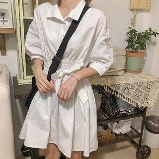 Elbow-sleeve Sashed A-line Shirt Dress White - One Size
