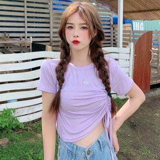 Drawstring Short-sleeve Daisy Printed  Top