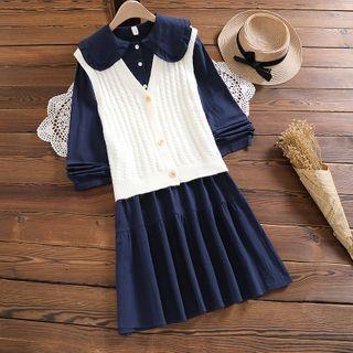 Set: Plain Collared A-line Dress + Button-up Vest