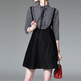 Striped 3/4-sleeve Mock Two-piece Dress