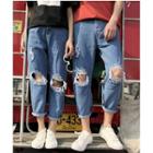Couple Matching Cropped Distressed Straight-cut Jeans