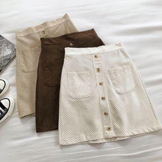Plain Single-breasted High-waist Corduroy A-line Skirt