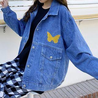 Butterfly Embroidered Denim Jacket Blue - One Size