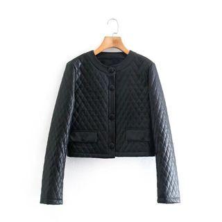 Faux Leather Quilted Cropped Button Jacket