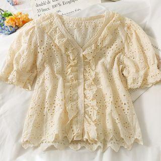 Eyelet Ruffle-trim V-neck Shirt Almond - One Size
