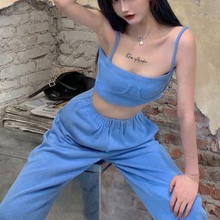 Set: Sleeveless Crop Top + High-waist Loose-fit Pants